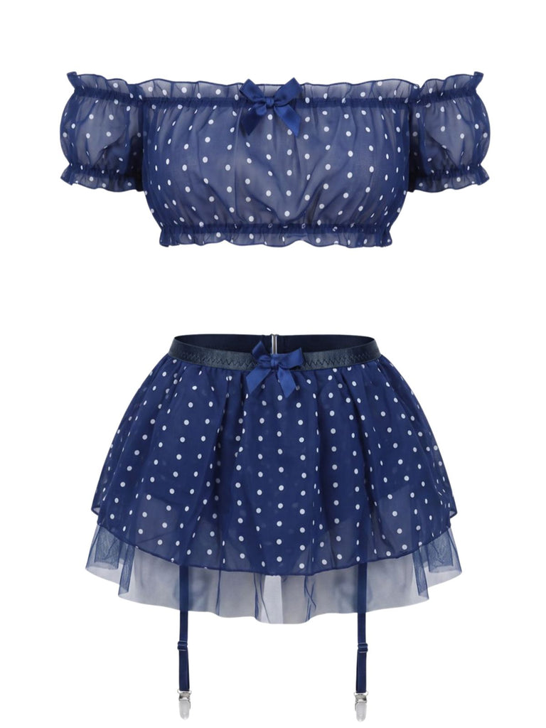 50er schulterfreies Dessous-Set mit Polka-Dots und transparent
