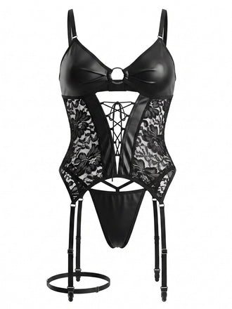 Schwarzes 60er Kunstleder-Dessous-Set mit Spitze