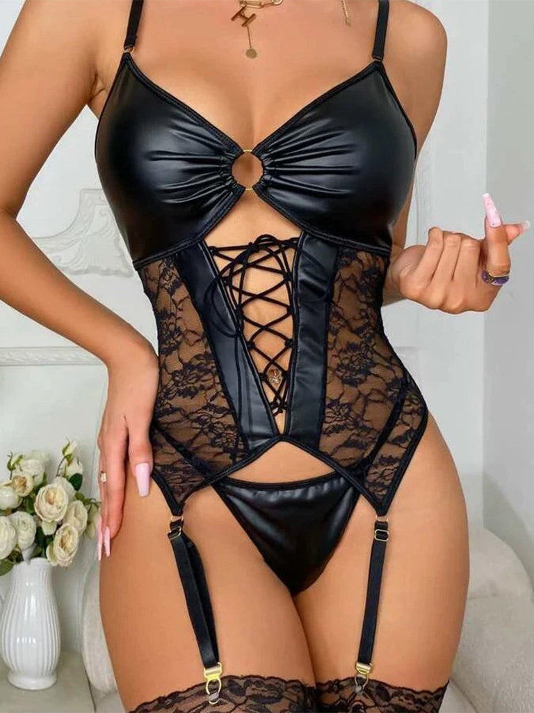 Schwarzes 60er Kunstleder-Dessous-Set mit Spitze