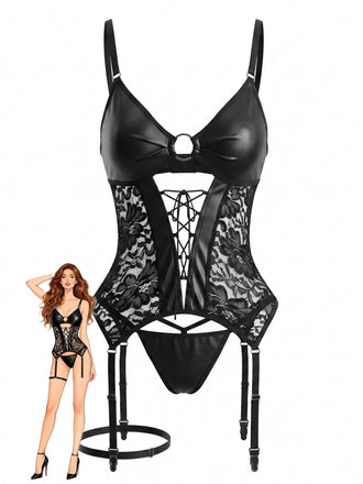 Schwarzes 60er Kunstleder-Dessous-Set mit Spitze