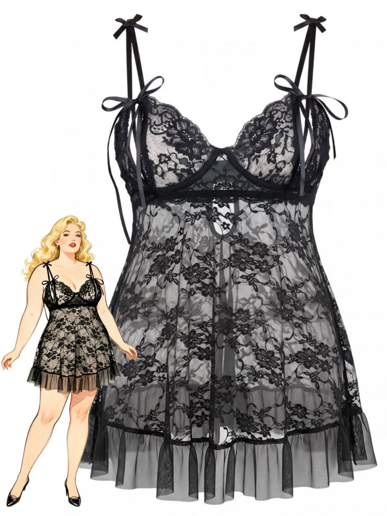 [Übergröße] Schwarzes 50er Spitzen-Babydoll mit Schleifenträgern