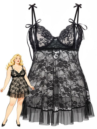 [Übergröße] Schwarzes 50er Spitzen-Babydoll mit Schleifenträgern