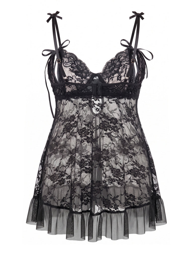 [Übergröße] Schwarzes 50er Spitzen-Babydoll mit Schleifenträgern