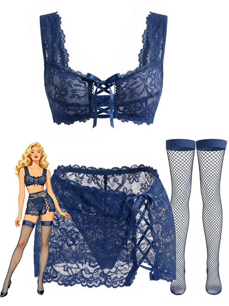 50er Dessous-Set aus floraler Spitze mit Schnürdetails