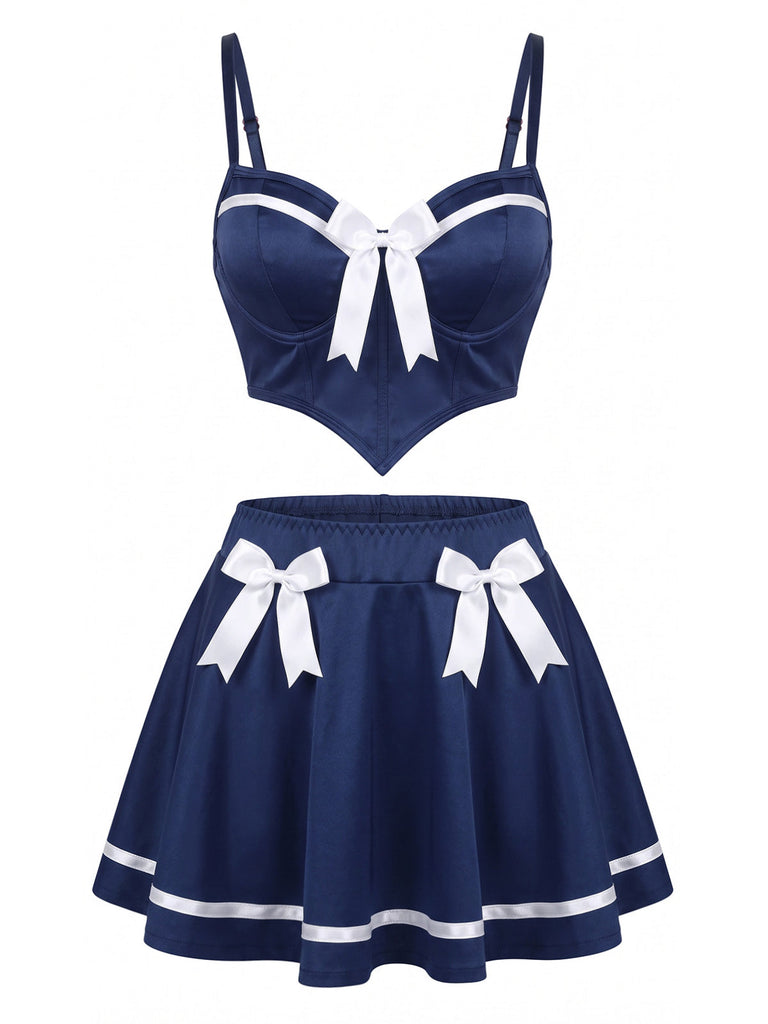 50er Pyjama-Set aus Spaghettiträgertop und Rock mit Colorblocking und Schleifen