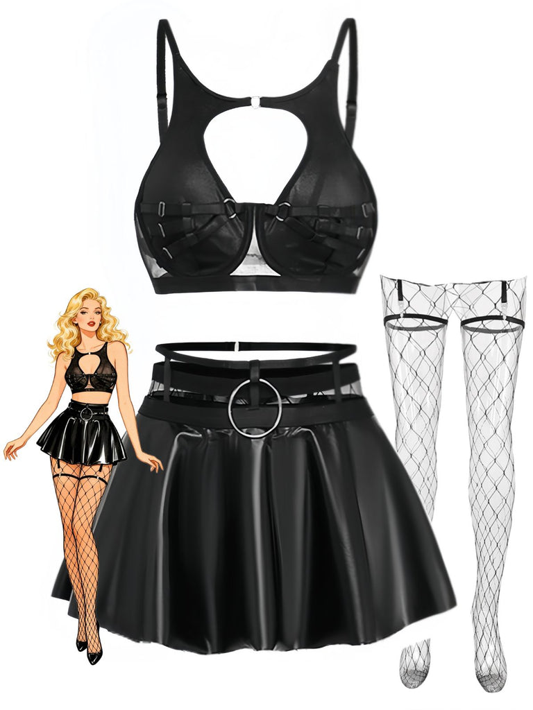 Schwarzes 50er Dessous-Set mit Cut-outs und Riemchendetails