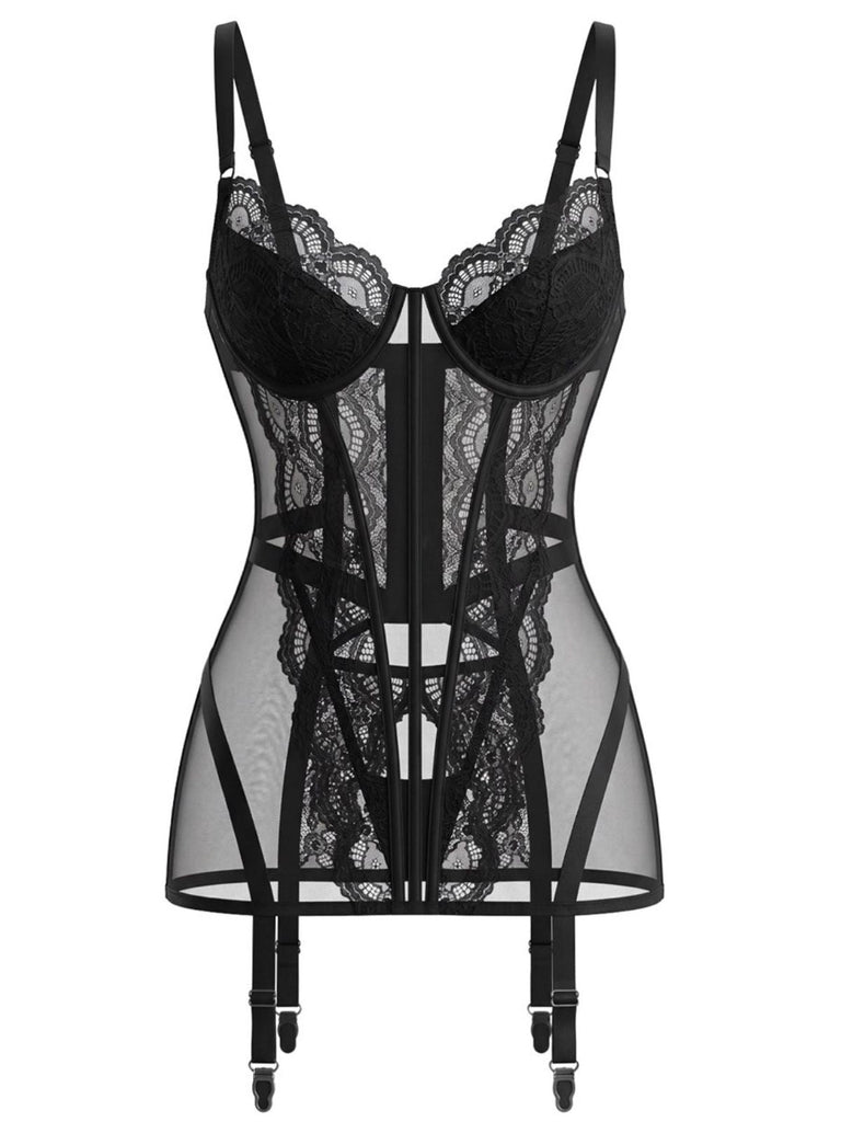 50er Dessous-Set mit transparenter Spitze und Strumpfhalter-Chemise