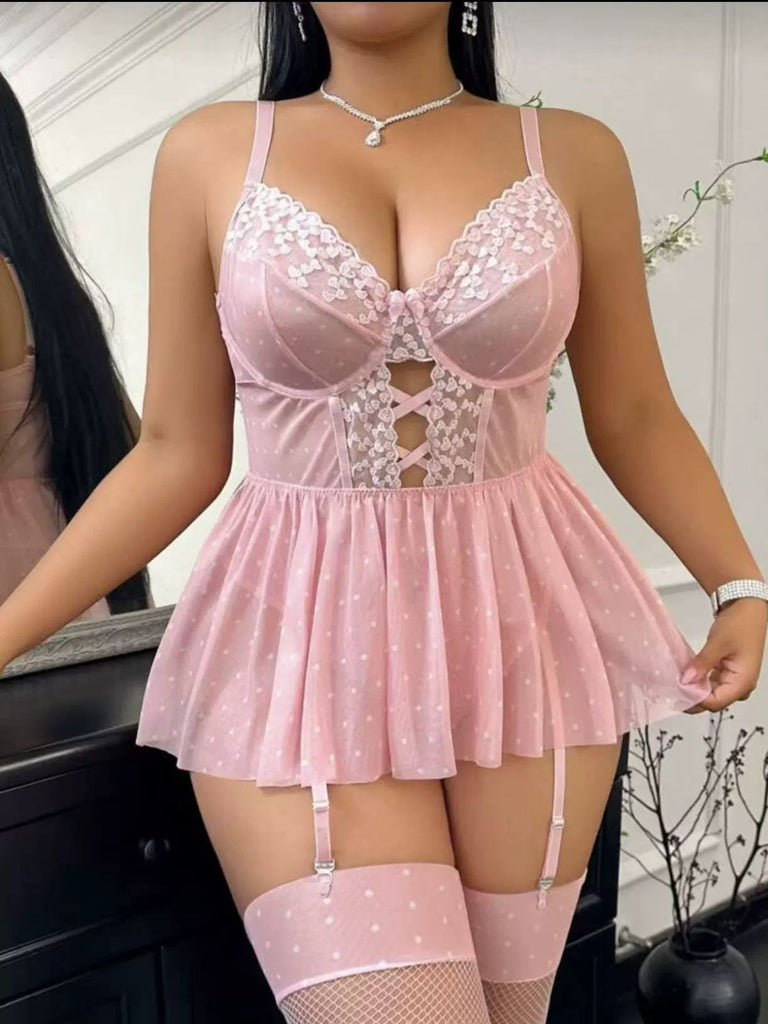 [Übergröße] 50er Strapsdessous mit Punkten, Spitze und Cut-outs