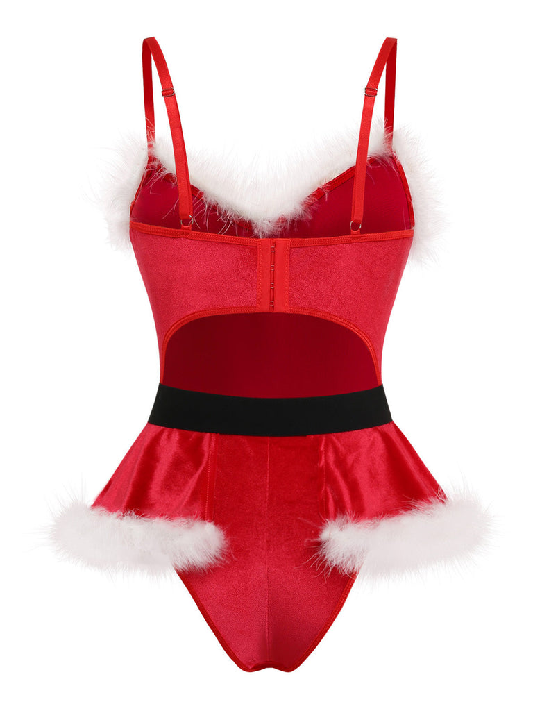 Roter 60er Weihnachts-Dessousbody aus Samt mit Kunstfellbesatz