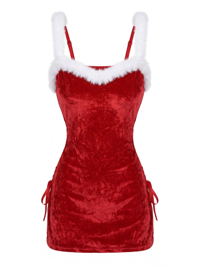 Rotes 60er Samt-Nachtkleid-Set mit flauschigem Besatz und seitlicher Schnürung