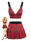Rotes kariertes 60er Pyjama-Set aus Top mit tiefem V-Ausschnitt und Faltenrock