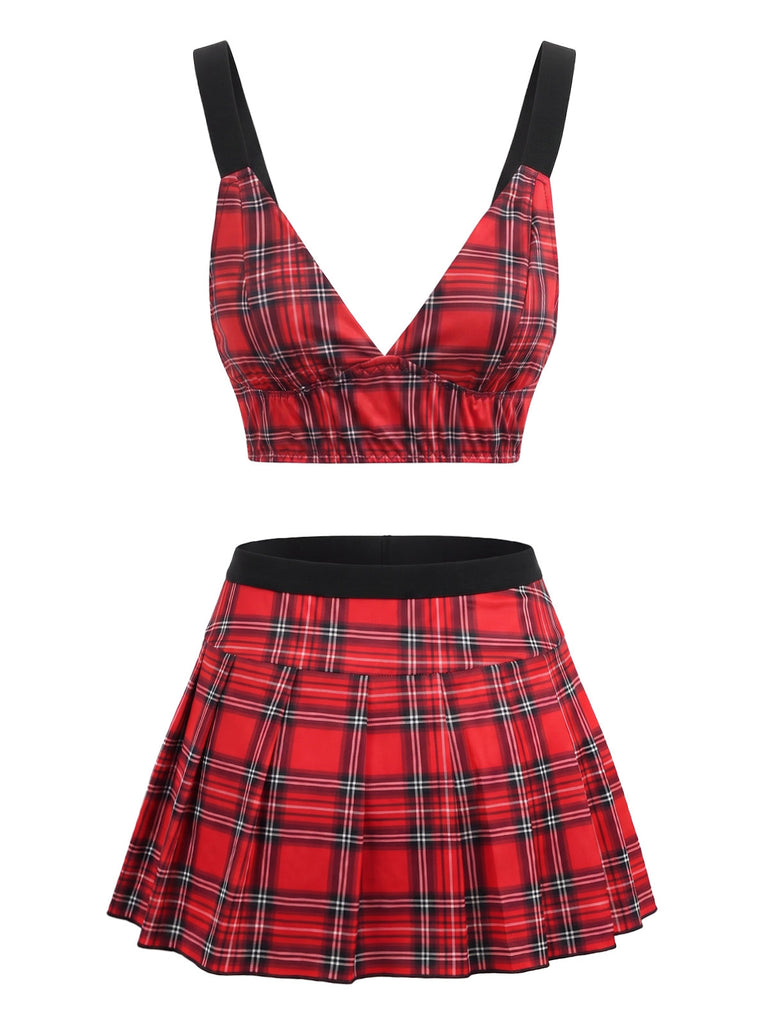 Rotes kariertes 60er Pyjama-Set aus Top mit tiefem V-Ausschnitt und Faltenrock