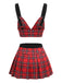 Rotes kariertes 60er Pyjama-Set aus Top mit tiefem V-Ausschnitt und Faltenrock