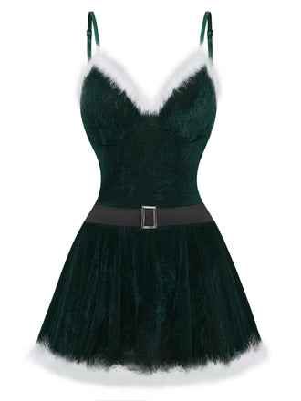 50er Weihnachts-Samtnachtkleid mit Spaghettiträgern, Flauschbesatz und Gürtel