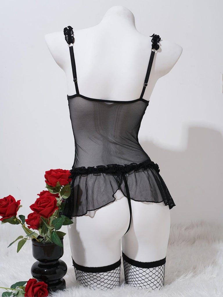 Schwarzes 50er Dessous-Set aus Kunstleder mit Schnürung