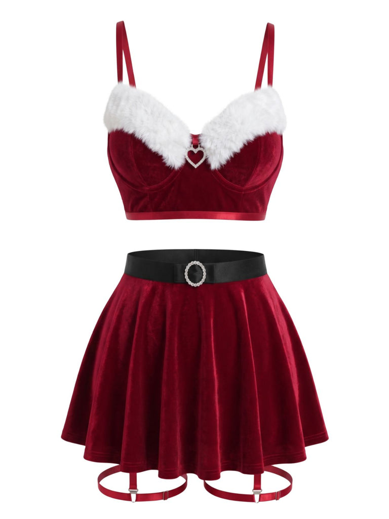 Rotes 50er Weihnachts-Pyjama-Set mit Samt und Fellbesatz