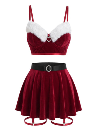 Rotes 50er Weihnachts-Pyjama-Set mit Samt und Fellbesatz