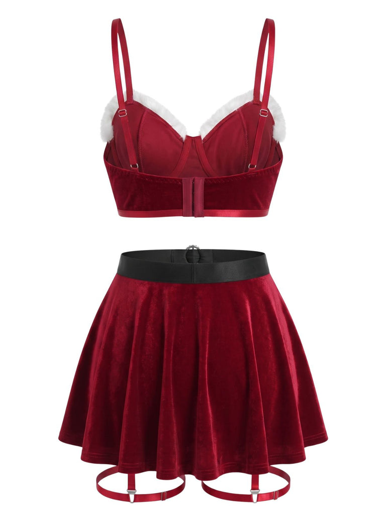 Rotes 50er Weihnachts-Pyjama-Set mit Samt und Fellbesatz