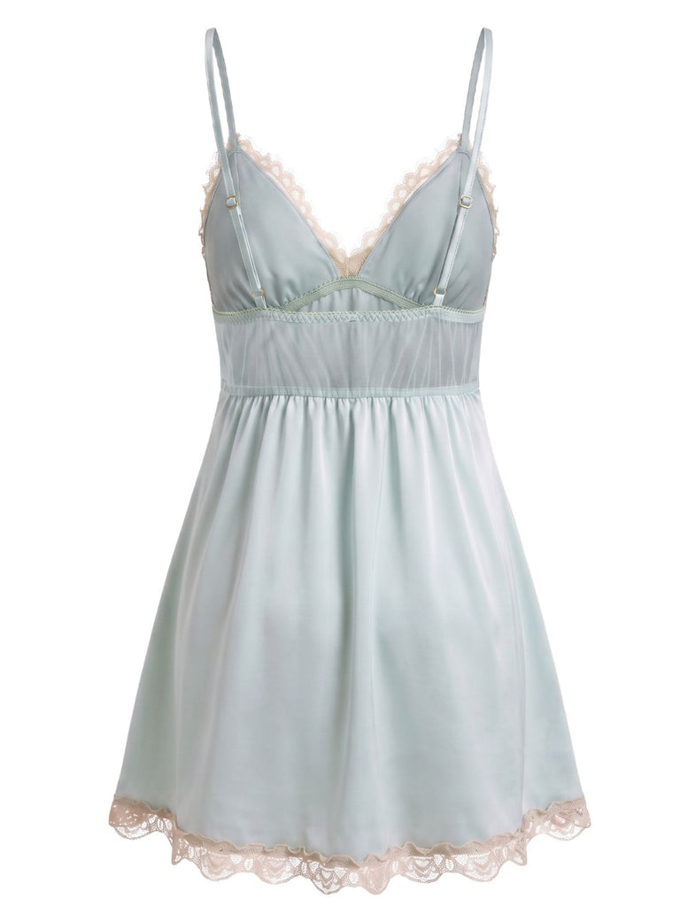 50er Satin-Nachthemd mit V-Ausschnitt und Spitze