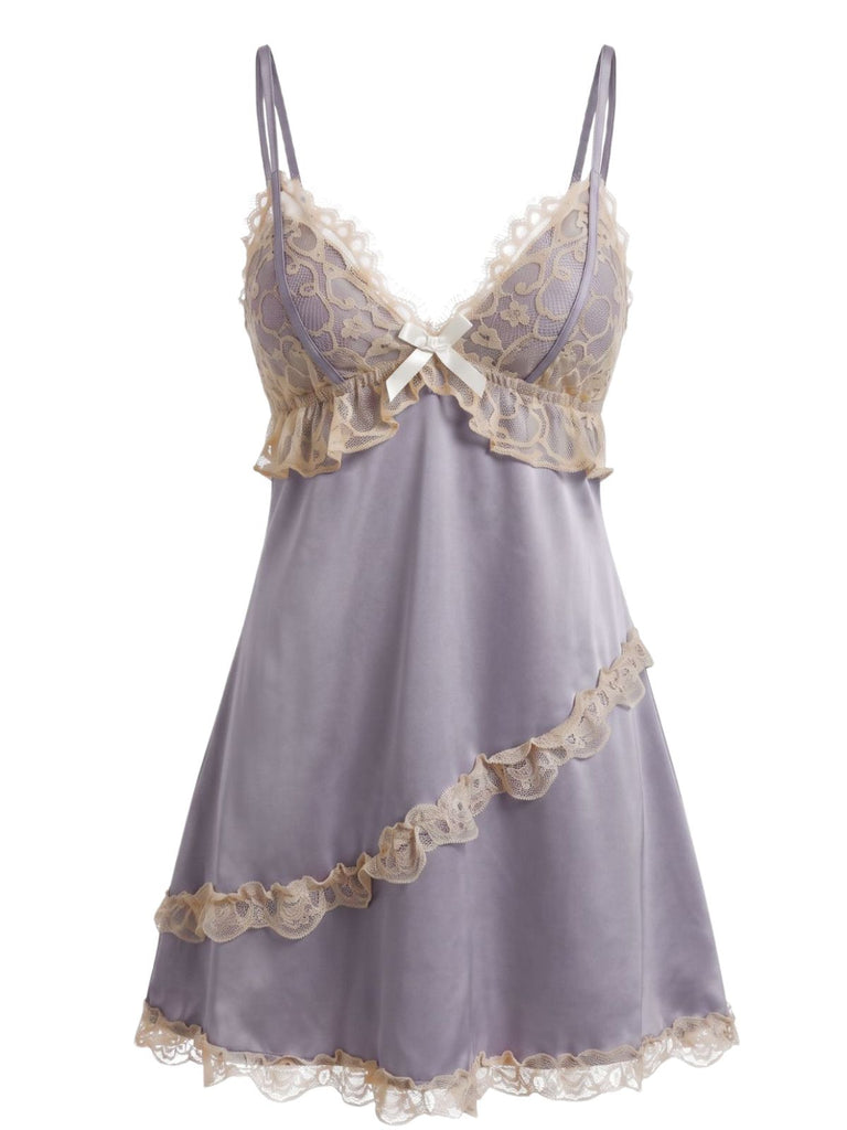 50er Satin-Nachthemd mit V-Ausschnitt und Spitze