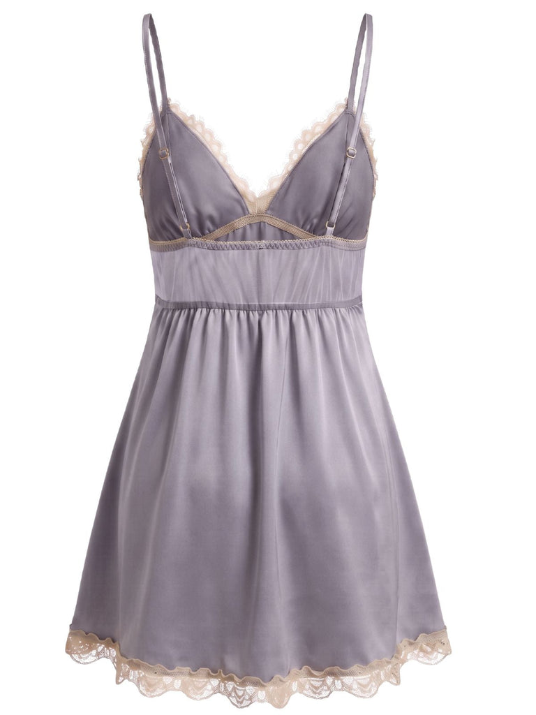 50er Satin-Nachthemd mit V-Ausschnitt und Spitze