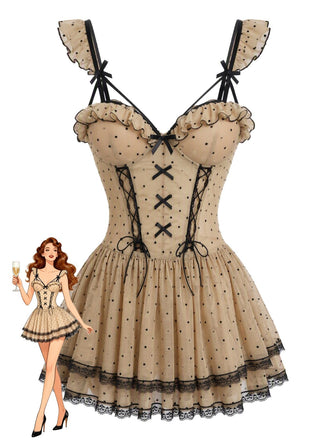 Khaki 50er Babydoll-Nachtkleid mit Polka-Dots und Spaghettiträgern
