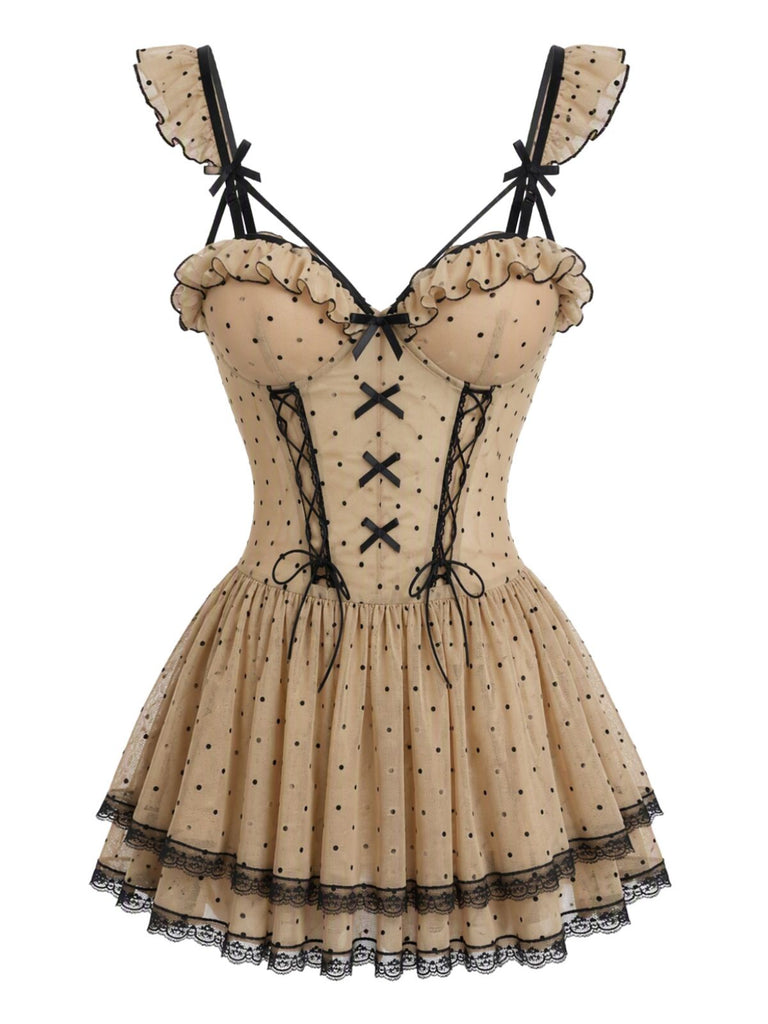 Khaki 50er Babydoll-Nachtkleid mit Polka-Dots und Spaghettiträgern