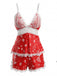 50er Shorty-Pyjama mit Weihnachts-Print, Spaghettiträgern und Spitzenbesatz