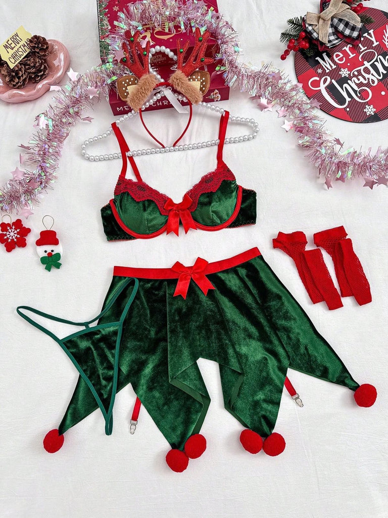 Grünes 60er Weihnachtselfen-Dessous-Set