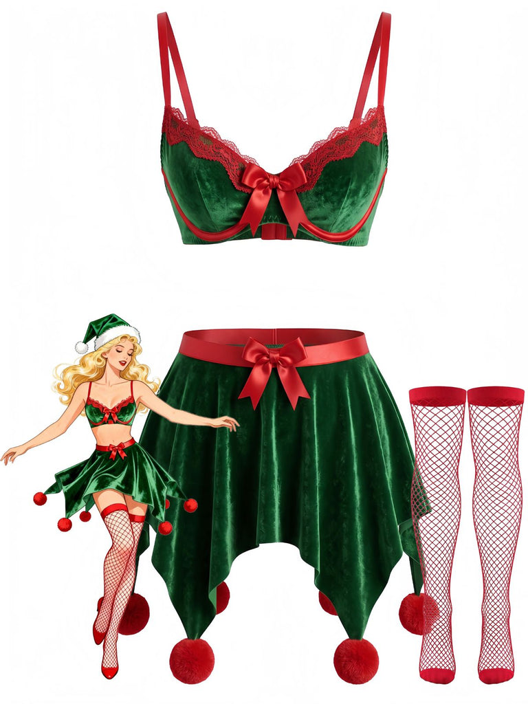 Grünes 60er Weihnachtselfen-Dessous-Set