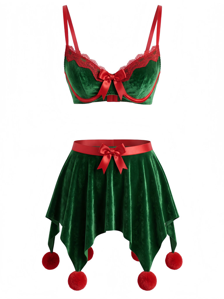 Grünes 60er Weihnachtselfen-Dessous-Set