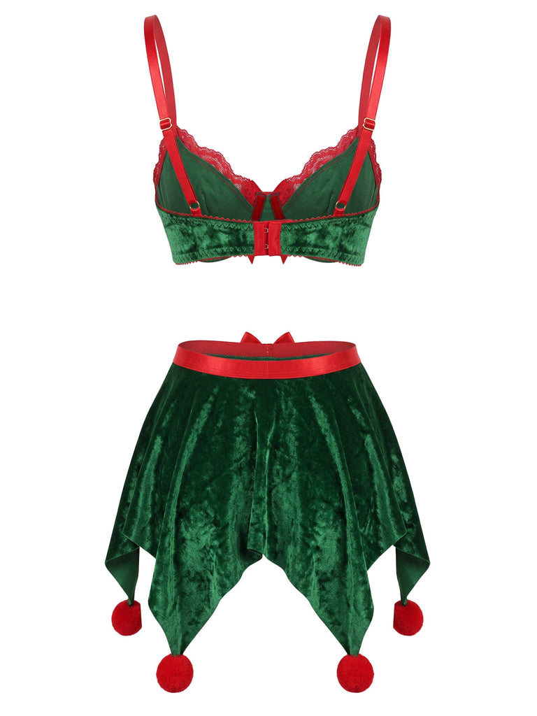 Grünes 60er Weihnachtselfen-Dessous-Set