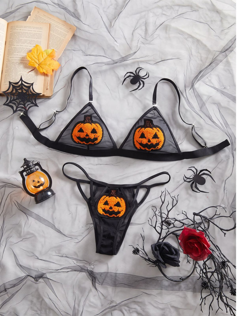 Schwarzes 40er Halloween-Dessous-Set mit Mesh und Plüsch-Kürbissen