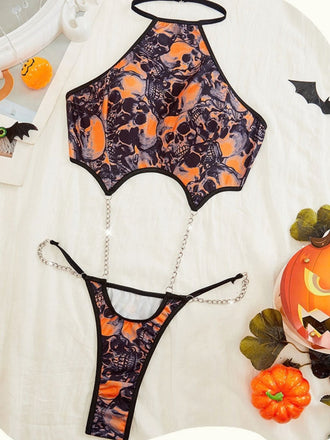 Oranges 50er Halloween Neckholder-Dessous-Set mit Totenkopf und Ketten