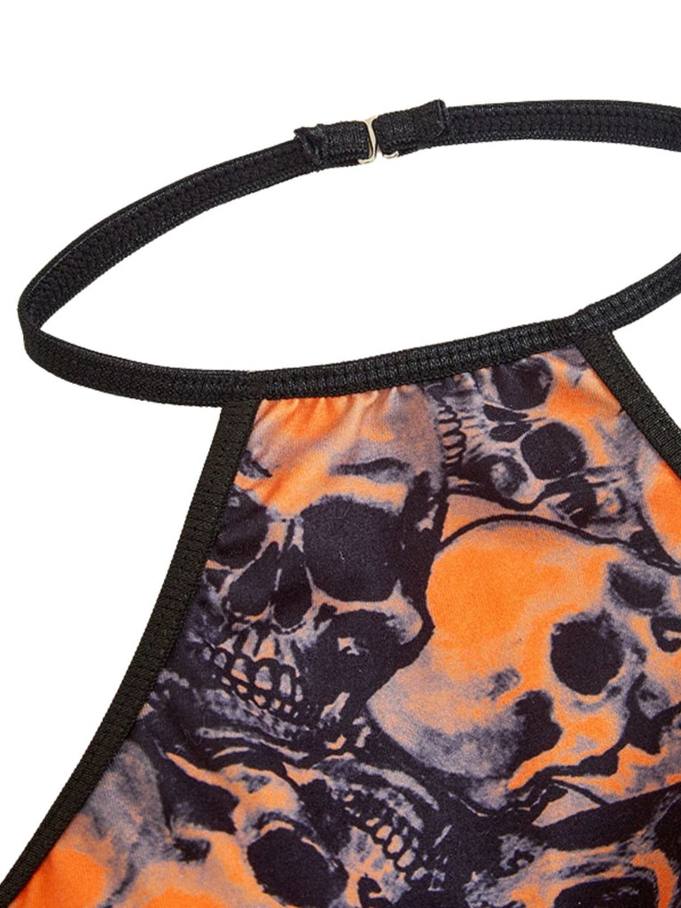 Oranges 50er Halloween Neckholder-Dessous-Set mit Totenkopf und Ketten