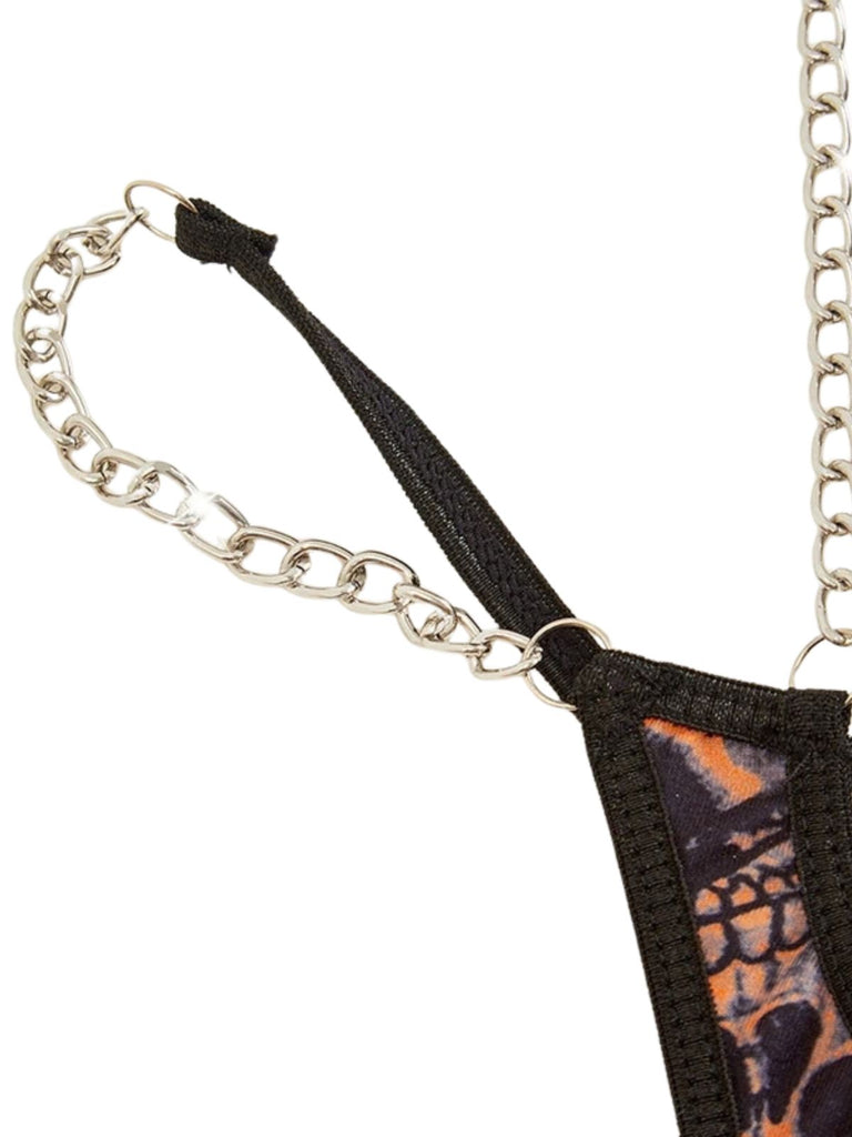Oranges 50er Halloween Neckholder-Dessous-Set mit Totenkopf und Ketten