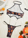 Oranges 50er Halloween Neckholder-Dessous-Set mit Totenkopf und Ketten
