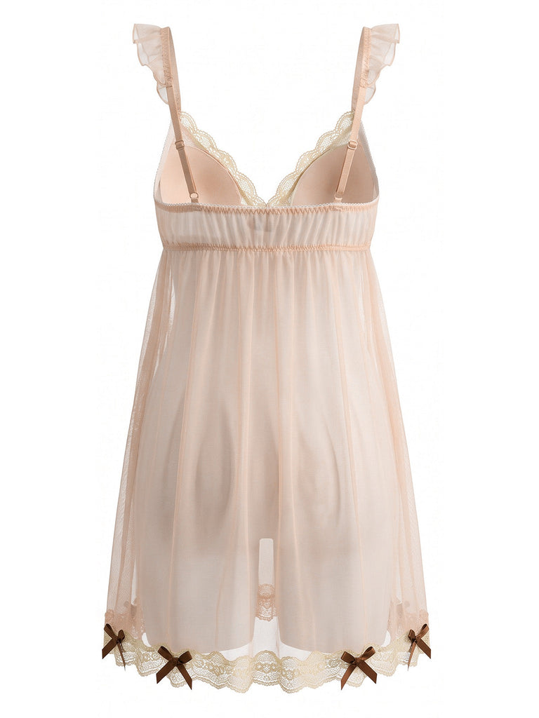 Beige gepolstertes 50er Mesh-Babydoll mit tiefem V-Ausschnitt, Spitze und Schleife