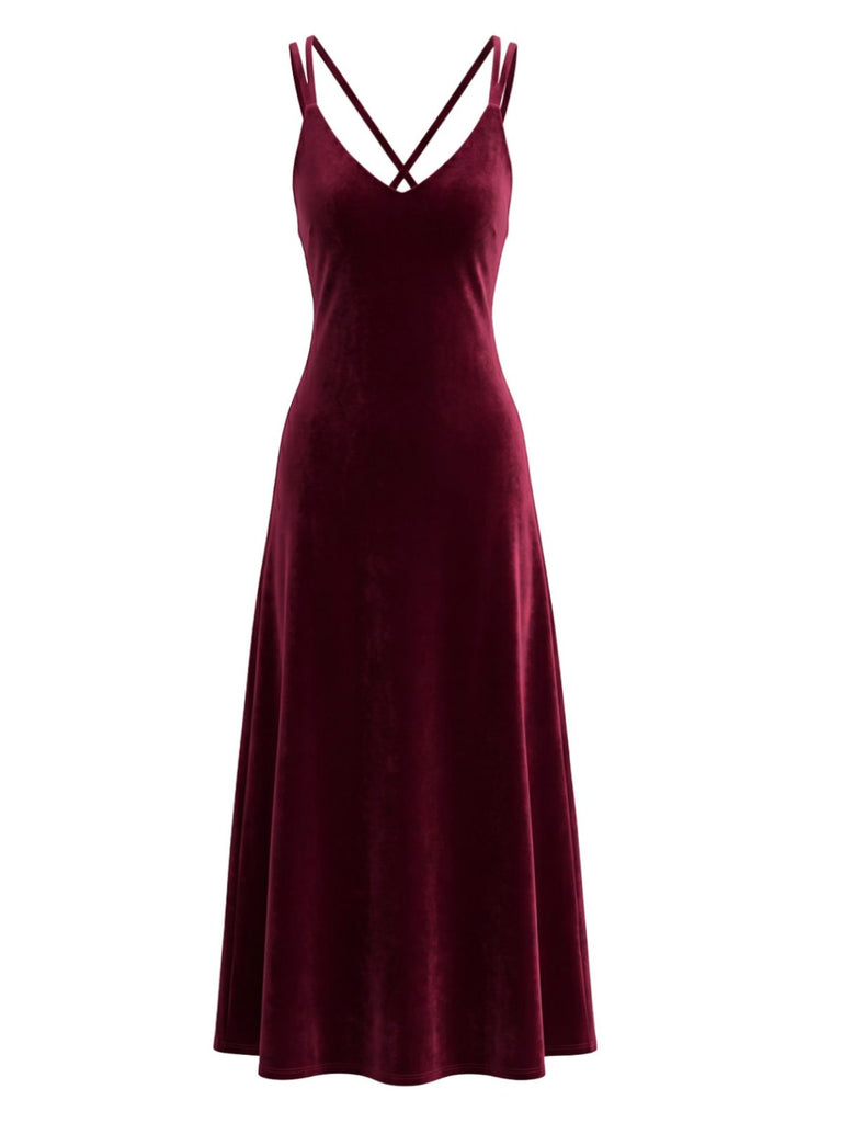 Weinrotes 30er Midi-Samtnachtkleid mit V-Ausschnitt und Trägern