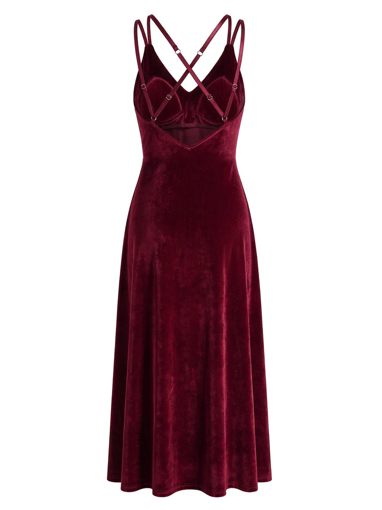 Weinrotes 30er Midi-Samtnachtkleid mit V-Ausschnitt und Trägern