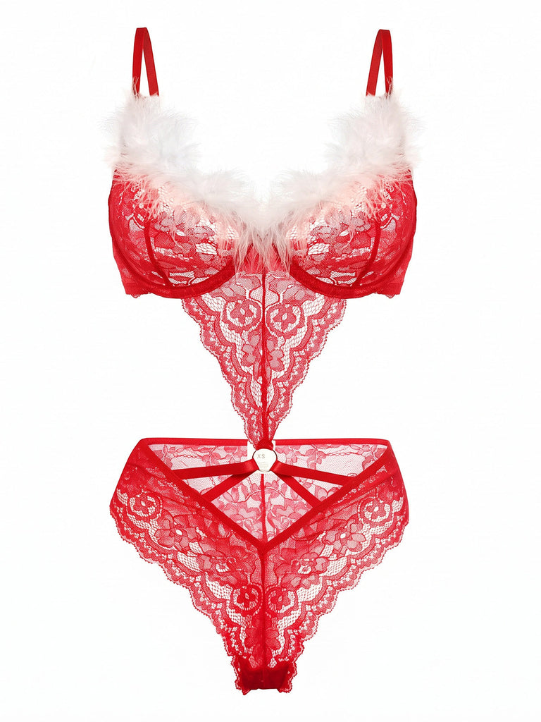 Roter 50er Weihnachts-Dessousbody mit Spitze und Kunstfellbesatz