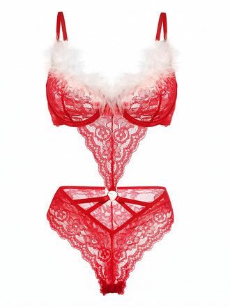 Roter 50er Weihnachts-Dessousbody mit Spitze und Kunstfellbesatz