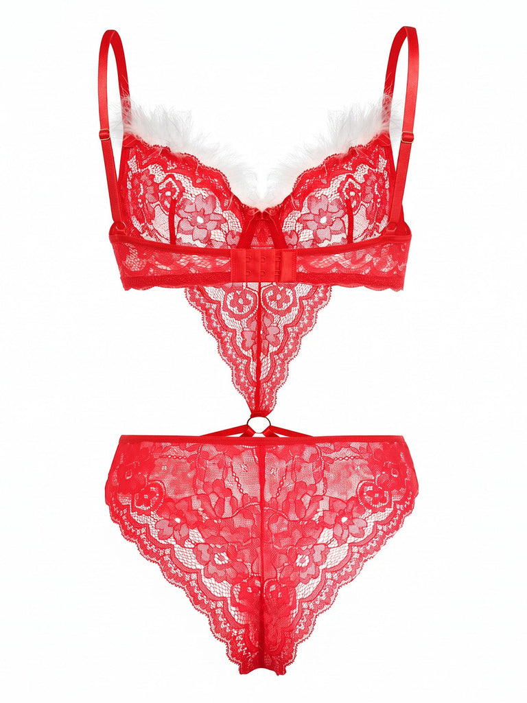 Roter 50er Weihnachts-Dessousbody mit Spitze und Kunstfellbesatz