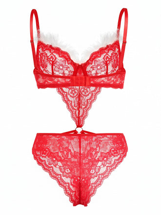 Roter 50er Weihnachts-Dessousbody mit Spitze und Kunstfellbesatz