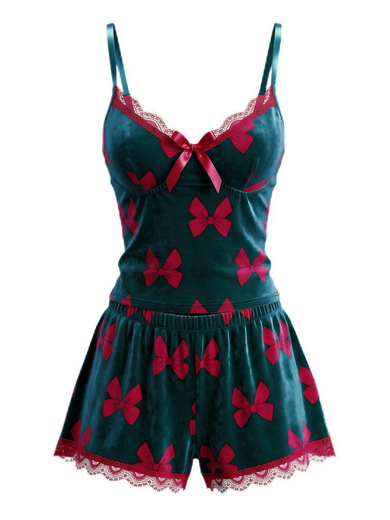 Grüner 50er Weihnachts-Samt-Shorty-Pyjama mit Schleifen-Print