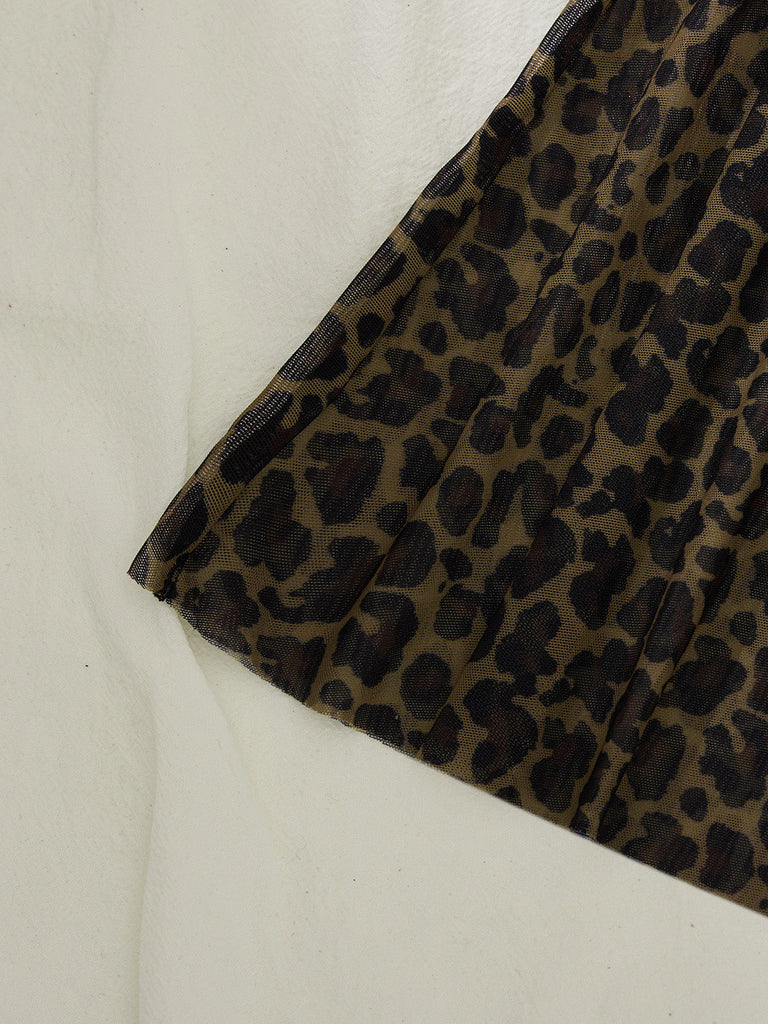 Braunes 50er Nachtkleid-Set mit Leopardenmuster und Spitzenbesatz