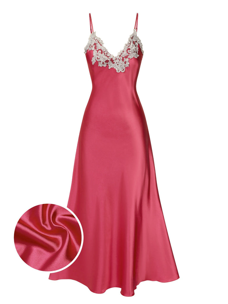 Lila 1930er Bestickt Kunstsatin Riemen Nachthemd