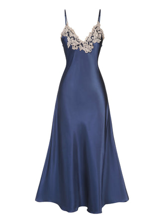 Dunkelblau 1930er Bestickt Kunstsatin Riemen Nachthemd