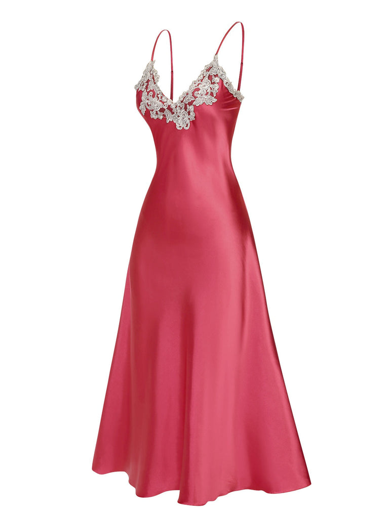 Rosa 1930er Bestickt Kunstsatin Riemen Nachthemd