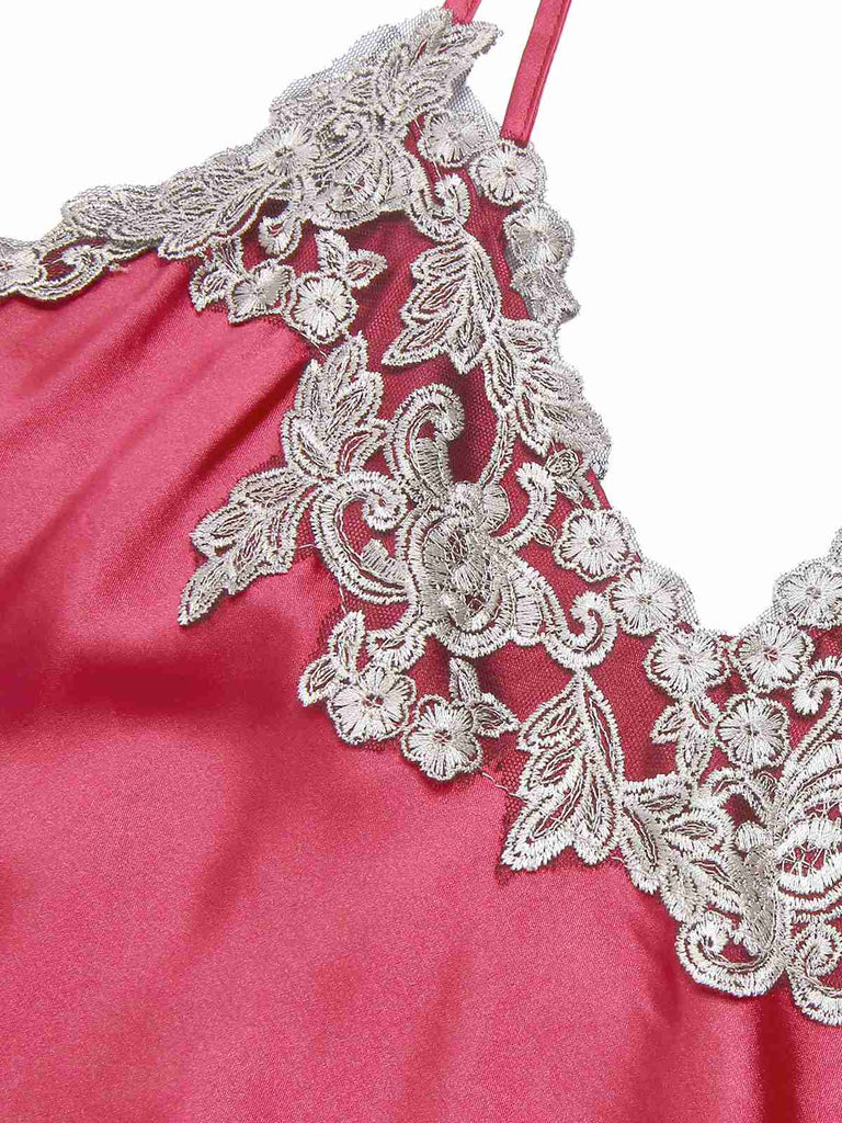 Lila 1930er Bestickt Kunstsatin Riemen Nachthemd